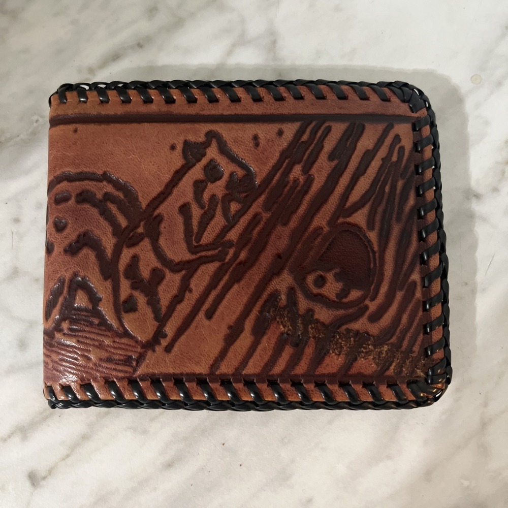 Vintage Wallet Leather Squirrel Acorns Manmade